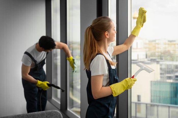 Mycie okien przez pracowników MG Cleaning w biurowcu w Krakowie